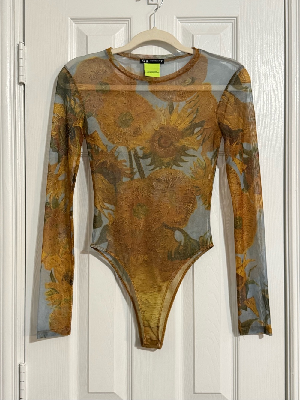 Zara Van Gogh Sunflower Mesh Bodysuit Rare Art Collaboration Tulle Top Size S